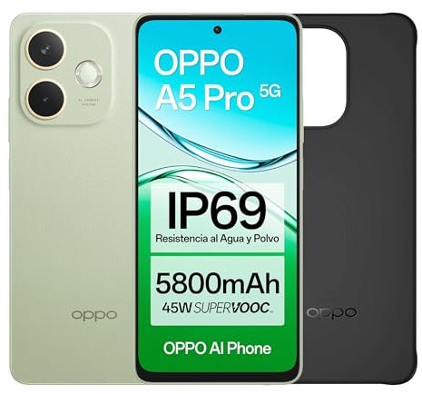 OPPO A5 Pro 5G - Smartphone Libre con IA, 8GB RAM + 256GB, Pantalla 6.67 120Hz, Cámara 50MP, Batería 5800, Carga Rápida 45W, Versión Española, Funda incluida – Verde
