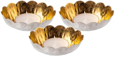 Schwimmschale Blüte Silber-Gold (3er Set) 8x5 cm aus Metall - Schwimm-Teelicht, Schwimmkerzen, Tischdeko, Teelichthalter