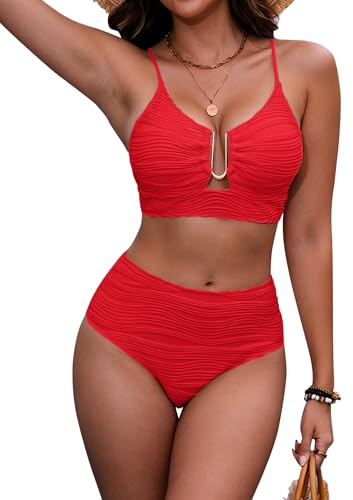 HORISUN Bikini taille haute pour femme - Maillot de bain 2 pièces push-up | Haut de bikini découpé, tissu structuré, bretelles réglables, dos croisé, culotte de bikini taille haute