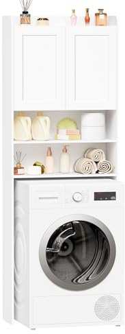 BEWISHOME Mobile per Lavatrice,Mobile Alto da Bagno da Installare Sopra Lavatrice,WC o Asciugatrice,con 2 Ante,2 Vani Aperti,Ripiani Regolabili,Mobile da Bagno salvaspazio,185×65×24 cm,Bianco EYYG19W