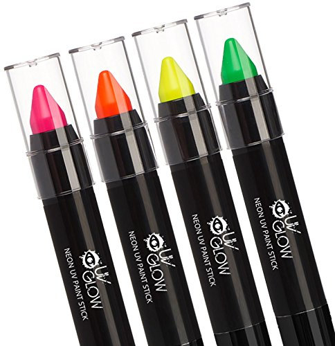 UV Glow - fosforescente para maquillaje del rostro. Pintura fluorescente corporal que brilla en la oscuridad o con luz ultravioleta. Brillo intenso bajo luz ultravioleta (Juego de 4 colores)