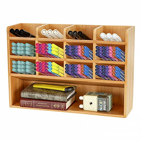 Dicunoy Desktop Pens and Markers Organizer, Bamboo Vertical Art Supply Storage Caddy with 13 Compartments, Deep Thick Pencil Holder Box for Color Pencils, School, Classroom, Office, Home