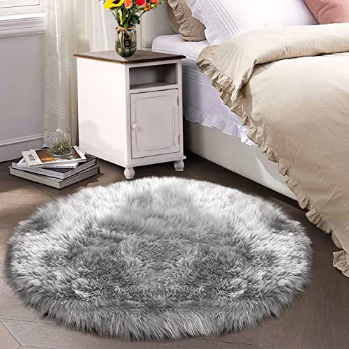 Latepis Teppich Wohnzimmer Rund 180cm Plüsch Shaggy Weich Fellimitat Schlafzimmer Grau Teppich Waschbar In Waschmaschine Flauschiger Schaffell Kunstfell