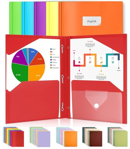 Sooez 6 Pack Pocket Folder with Prongs, Plastic Folders with Extra Pockets, Heavy Duty Two Pocket File Folders 3 Prong Folders Back to School Supplies, Letter Size A4,Bright