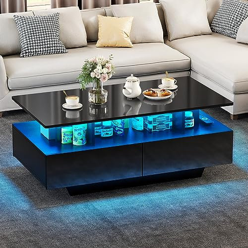 YITAHOME Coffee Table with Storage, High Glossy 16 Color Adjustable LED Coffee Tables for Living Room, Black Coffee Table with Open Display Shelf and 4 Drawers, Modern Wooden Rectangle Tea Table