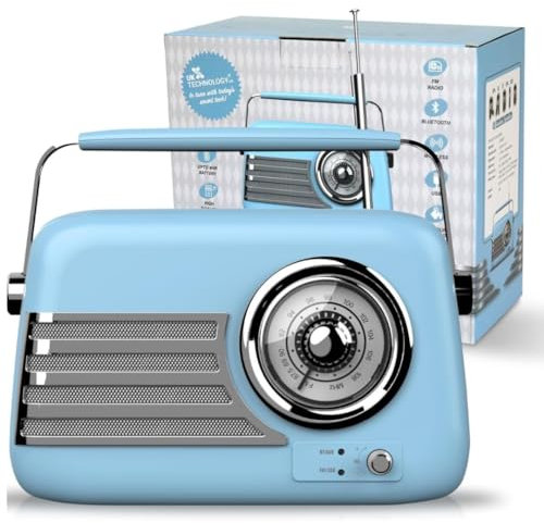 Poste Radio Portable, Radio FM/Bluetooth, Portable Rechargeable avec Bouton de Réglage Extra Large, Enceinte Bluetooth Vintage, Vintage, Portable, USB (Bleu)