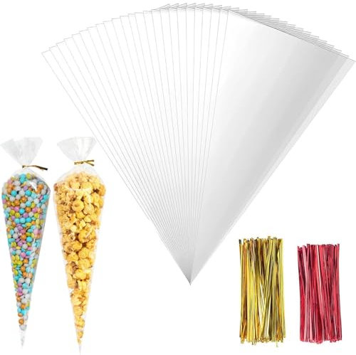 OMBRISA Cellophantüten Klar 13 x 25 cm 200pcs Süßigkeiten Tüten 200 Stück, Candy Bar Tüten 25x13cm, Cone Tüten, Spitztüten Transparent Cellophantüten mit 200Twist Ties, Geschenktüten zum Verschenken