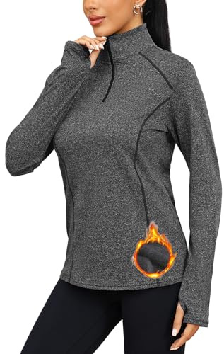 Terecey Hauts Thermiques Femme Manche Longue Tee Shirt de Sport Polaire Demi-zippé Col V Top Épaissis avec Trou pour Le Pouce sous-Vêtements Chaud Hiver
