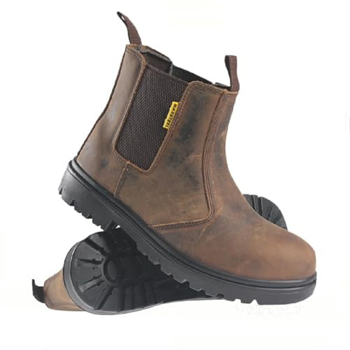 MENS SAFETY DEALER BOOTS CHELSEA LIGHTWEIGHT SLIP ON LEATHER ANKLE WORK STEEL TOE CAP SHOES SZ (DARK BROWN, UK Footwear Size System, Adult, Men, Numeric, Medium, 10)