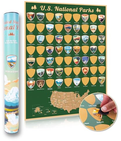 Atlas & Green Poster à gratter des parcs nationaux des États-Unis Carte des parcs nationaux A2 Carte de voyage des États-Unis Carte de voyage à gratter Carte du parc national des États-Unis avec tube