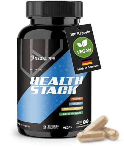 Neosupps Health Stack 180 Kapseln, Hochdosiertes All-in-One Nahrungsergänzungsmittel mit Vitaminen, Mineralstoffen & Spurenelementen, Mit Q10, OPC, Cholin & Lutein, geprüfte Qualität, Made in Germany