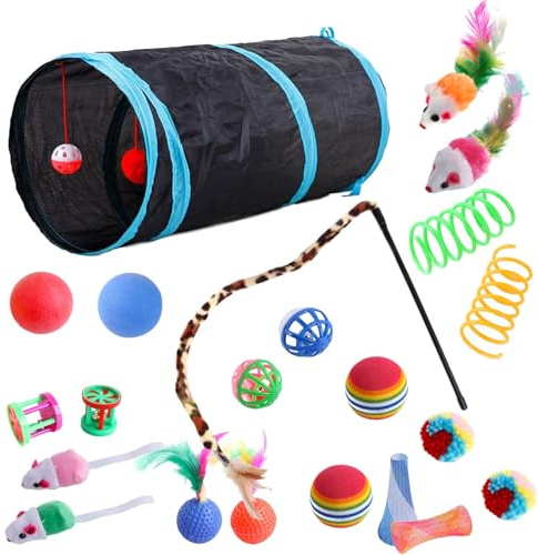 Cat Toys 22pcs, Foldable Cats Kitten Tunnel Interactive Mouse Feather Bell Toy Set, Colors Random Feather Baseball Spring Mouse for Indoor Cat Boring Catcher Jumping Fun Practice