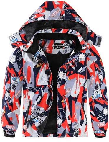 Lonthanly Boy's Waterproof Ski Jacket Warm Winter Snow Coat Kids Fleece Snowboarding Jackets Thick Hooded Windproof Coats Boy-RED/A-14-16