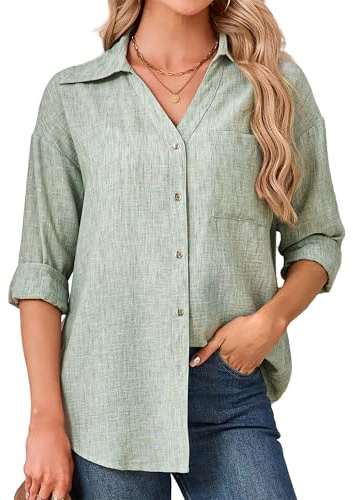 Enmain Chemise Femme Manches Longues Coton et Lin Été Chemisiers Vert Col en V Respirante Légère Blouse Femme Chic et Élégant Haut pour Loisirs Vacances D'été à la Plage Taille L