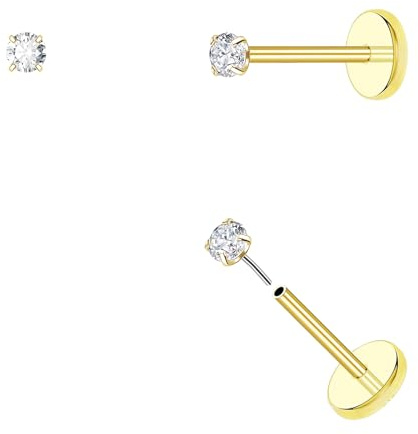 20G Threadless Flat Back Earrings Hypoallergenic Titanium Small Tiny Stud Earrings Push In CZ Nose Studs for Women Men Labret Cartilage Helix Conch Medusa Monroe Tragus Piercing Jewelry (Gold-2mm)