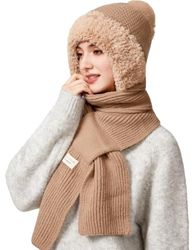 TAGVO Gorro y Bufanda de Punto Holgado para Mujer de Invierno, 2 en 1 Gorro de Suave y Elástico Cálido de Tejida Lana con Calentador de Cuello, Pasamontañas para Esquí Senderismo Correr Ciclismo