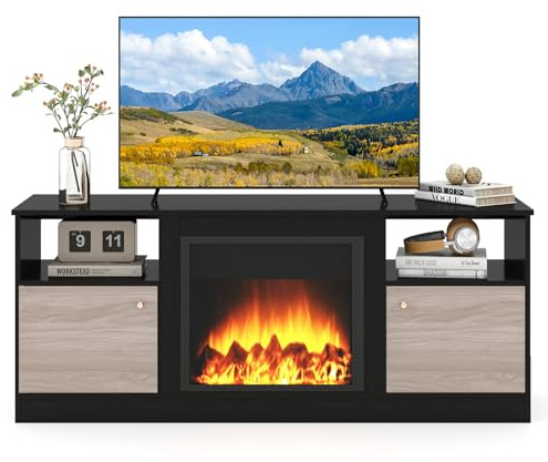 GIANTEX Mueble de TV con iluminación LED, mueble bajo para TV con compartimento abierto para chimenea eléctrica, mueble de televisión para televisores de hasta 65 pulgadas, mueble de TV de hasta 65