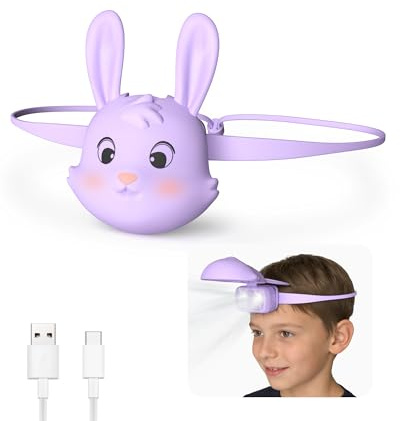 Gofimyee Linterna frontal LED Conejo para niños, linterna frontal recargable con cabezal ajustable de 90°, linterna para acampar, regalo de cumpleaños para niños y niñas