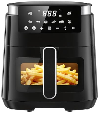 LLIVEKIT 5.5L Heißluftfritteuse für 2–4 Personen | 8-in-1 Airfryer mit Sichtfenster & Beleuchtung | 95% Öl sparen & 70% Energie effizient | Warmhaltefunktion | Schwarz