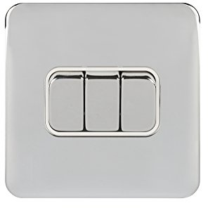 Schneider Electric Lisse Skruvlös deco – 3 gäng 2-vägs ljusströmbrytare, 10AX, GGBL1032WPC, polerad krom med vit insats