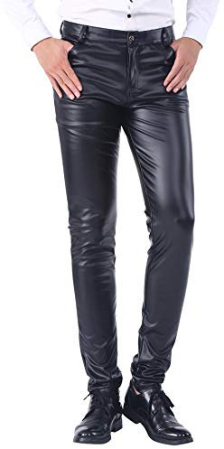 DUOLUNJINDUN Herren Slim Fit Hose aus PU Leder Elastisch Bikerhose Lederjeans Winddicht und Wasserdicht - Schwarz Größe 38