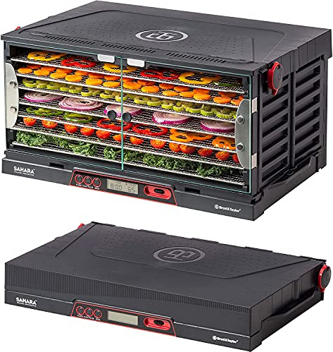 Sahara Foldable Food Dehydrator with 7 Stainless Steel Shelves 2x99 Hour Timer, Air-Recirculation Automatic Shut Off for Faster and Efficient Drying with Dehydration Guide, Electric, 1m2, Black