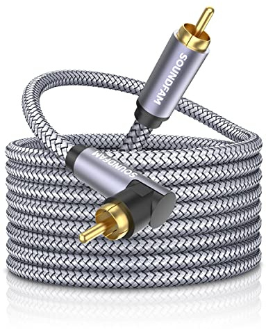 SOUNDFAM 90 Degree Subwoofer Cable 16ft/5M,Right Angle RCA Cable Male to Male for Subwoofer，Amplifier-Grey
