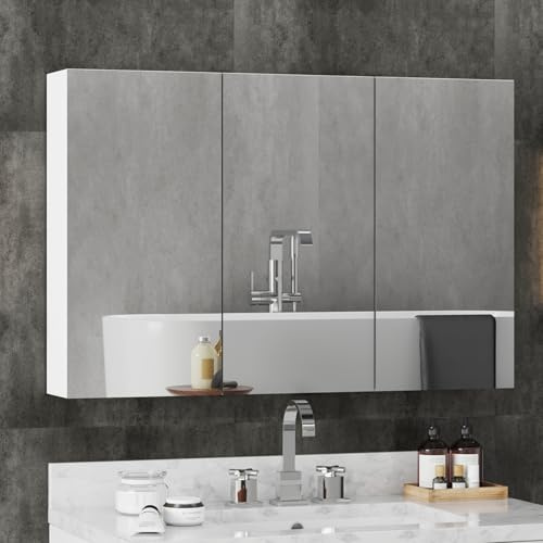 joolihome living Bathroom Mirror Cabinet, Wall Mounted Cabinet with Mirror & 2 Adjustable Shelves, 3 Tier Storage Cupboard Unit Organizer Bathroom Furniture (No Lights, 900x600mm)