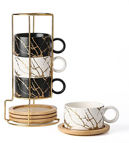 LUKA Porcelain Espresso Cup with Metal Stand, 6 Ounce Stackable Ceramic Demitasse Espresso Mugs Cappuccino Cups Set for Latte,Coffee,Cafe Mocha,Tea(Set of 4)