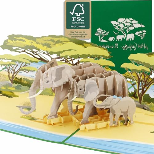 design3dkarten® Elefante, safari, zoo, cupón de viaje, vacaciones en África, tarjeta plegable 3D, tarjeta desplegable, tarjeta de felicitación, tarjeta de felicitación, tarjeta de regalo