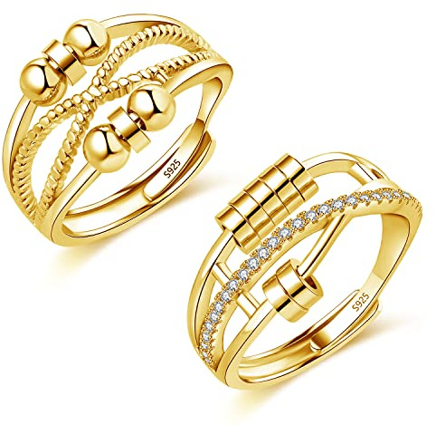 Cangall Silver Ångestringar, 2 st 925 sterling silver damer ångest ringar set, öppen justerbar anti-stressring, unisex oändlighet silver spinner fidgetringar dekompressionsringar med 6/7 pärlor