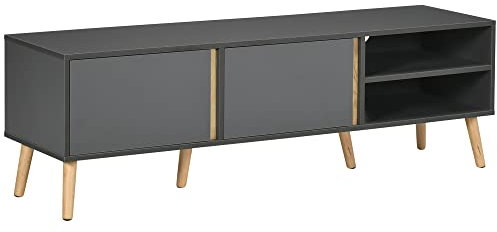 HOMCOM Mobile TV Panca TV per TV fino a 55 pollici, design scandinavo, 2 porte, 2 nicchie, con passacavi 150 x 35 x 45 cm, grigio scuro