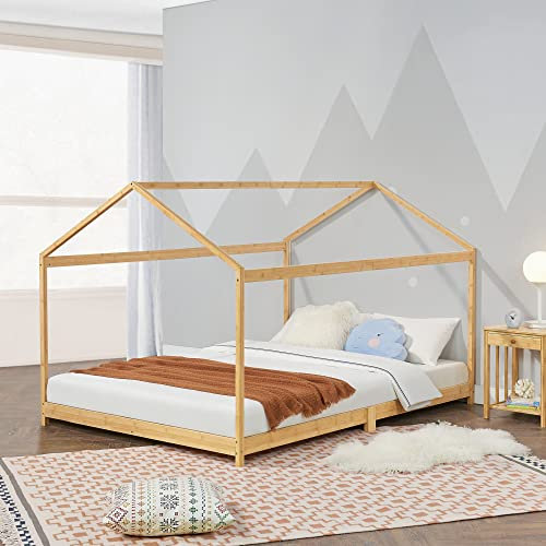 [en.casa] Lit Cabane Lit Enfant en Forme de Maison Robuste avec Sommier à Lattes pour Chambre d'enfant Design Moderne Capacité de Charge 200 kg Bambou 180 x 200 cm Naturel