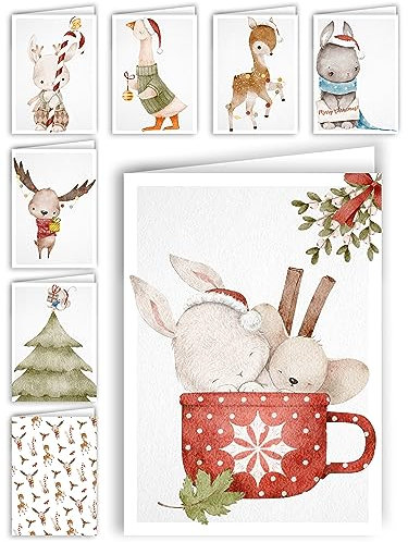 Weihnachtskarten 8er Set Tierisch süß niedlich Glückwunschkarten Briefkarten mit Umschlag Weihnachtspostkarten Weihnachten Xmas Cute Cats Set Mix Geschenk Grußkarte Geschenkkarte Tiere Hase Maus Reh