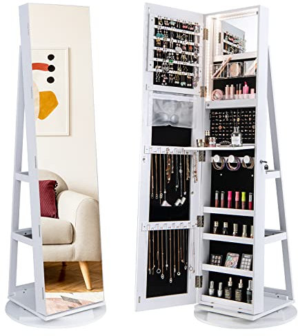 GOPLUS Armoire à Bijoux avec Miroir sur Pied, Armoire à Bijoux Rotative à 360° avec Lumière LED 3 Couleurs, Organisateur de Bijoux Verrouillable, Étagère de Rangement, Miroir Intégré (Blanc)