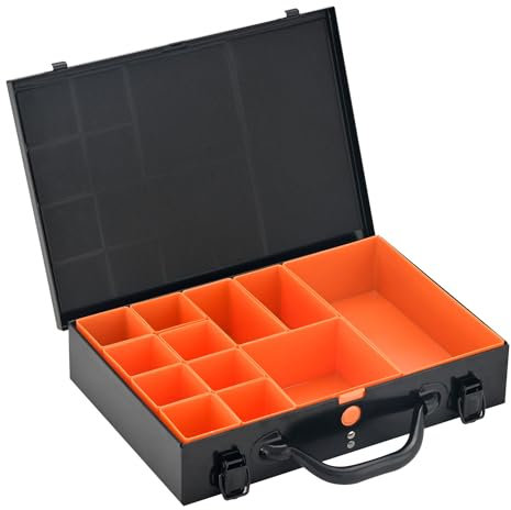 ALUBOX Sortimentsbox Kleinteilekoffer Stahlblech pulverbeschichtet mit 12 Einsatzkästen - 33,5 x 23 x 7 cm - schwarz