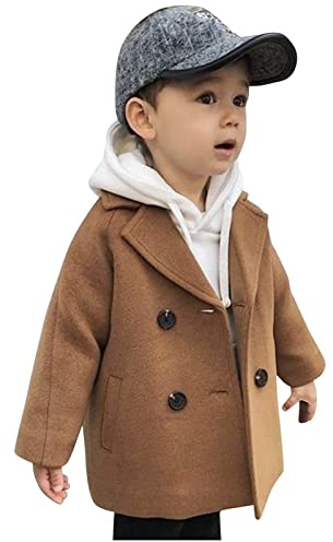 Abrigo con muescas para niños, gabardina para niñas, chaqueta para niños, cuello de lana, abrigo a cuadros con botonadura de bebé, abrigo y chaqueta elegante para niños pequeños (Khaki, 18-24 Months)