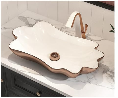 MEJE 62 x 33 x 12 cm - Lavabo de salle de bain unique en forme de fleur de lotus - Vase à poser en porcelaine céramique - Lavabo en plastique - Or rose (y compris bonde pop-up)