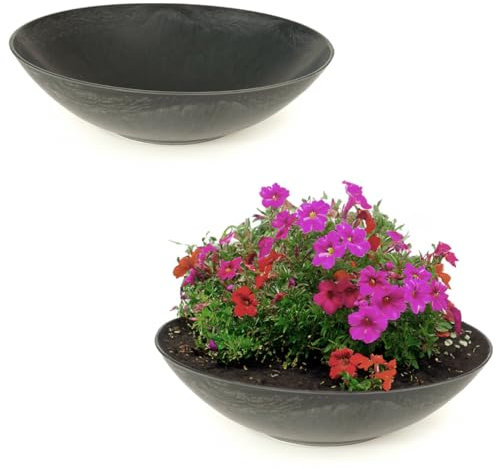 matches21 Lot de 2 grands pots de fleurs décoratifs en noir marbré pour l'extérieur - Plats de 35 cm - Pour fleurs, bonsaï ou cimetière
