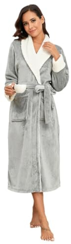 RONGTAI Peignoir en polaire pour femme, peignoir long avec deux poches latérales et ceinture, chemise de nuit chaude et confortable, gris, Large