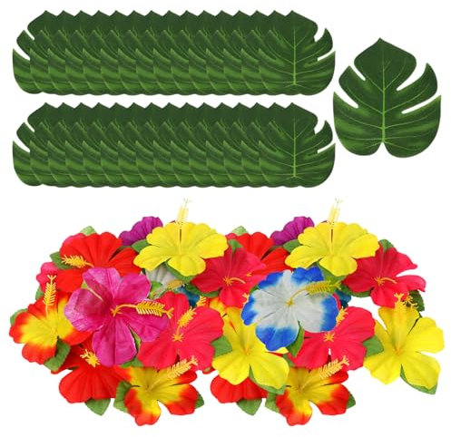 ZBHDEYG 70 decorazioni per feste tropicali, decorazioni per feste hawaiane, decorazioni per feste a tema giungla, foglie artificiali, fiori in plastica per la decorazione
