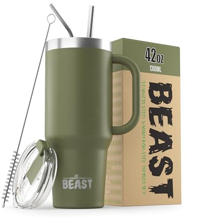Beast Tumbler with Handle - 1300 ml (42 oz), Army Green | Reusable Stainless Steel, Vacuum Insulated Cup | with + 2 Straws & Cleaning Brush | Double Wall Travel Flask Perfect for Hot or Iced Coffee