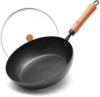 WANGYUANJI 11-Inch Carbon Steel Frying Pan with Beech Wooden Handle & Glass Lid - Physical Non-Stick, Non-Coating Skillet for Induction, Sautéing, Frying, Stir-Frying