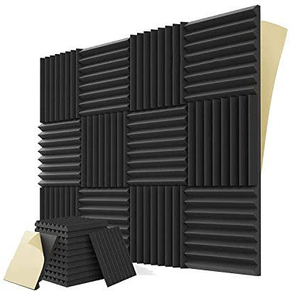 FPHADO 12 Acustici Autoadesivi, nel Schiuma Fonoassorbente 1 X 12 X 12 Pollici, per Studio Musicale, Sala Giochi, Camera da Letto (Nero)