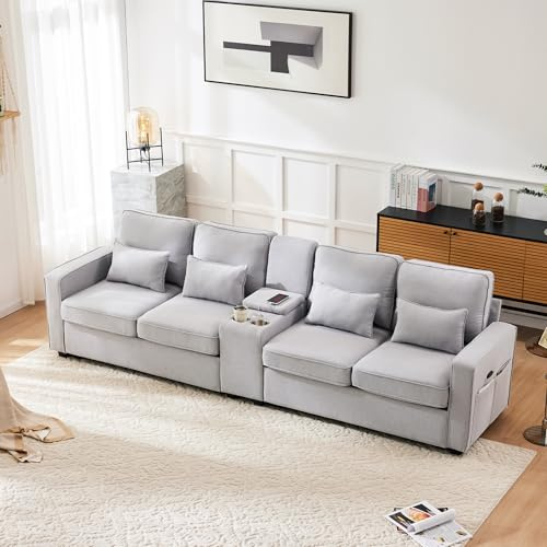 Azkoeesy Divano a 4 posti con consolle, 290 x 83 x 88 cm, contiene 2 portabicchieri, 2 porte USB, 4 cuscini, divano in tessuto di lino per ufficio e soggiorno, grigio