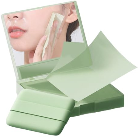 100 PCS Blotting Paper with Mirror & Puff, Portable Soft Green Tea Face Oil Blotting Sheets for Gift, Absorbs Oil for Oily Skin Tending Facial Grease Removal