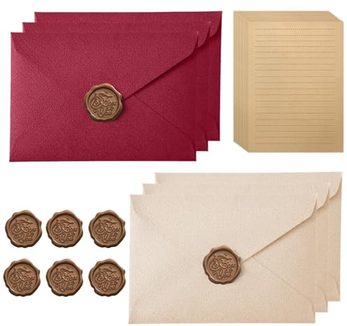 Vintage Letter Paper with 6 Envelopes, 10 A5 Writing Paper and 6 Wax Seal, Kraft Paper, Writing Paper Set for Gifts Wedding Birthday Greeting Cards, Dark Red & Off-White
