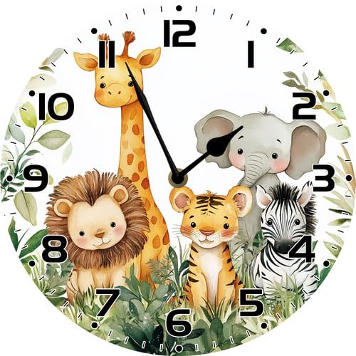 Horienteeon Cute Baby Animal Wall Clock for Kids Room Round Wooden Battery Operated Non Ticking Wall Clocks for Playroom Homeschool Classroom 25cm