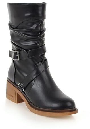 GHSIRUEU Stivali metà Polpaccio Donna Punta Arrotondata Cerniera Retro Biker Stivali con Fibbia,Nero,34 EU