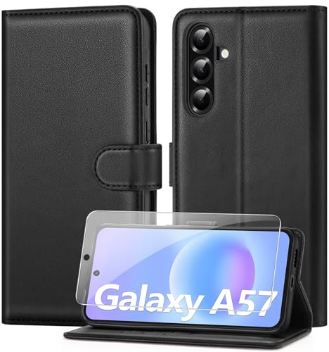 ivencase Funda para teléfono móvil Compatible con Samsung Galaxy A57 5G Funda y Protector de Pantalla,[Bloqueo RFID] [Tarjetero] [Cierre magnético] [función Atril] Funda con Tapa, Negro